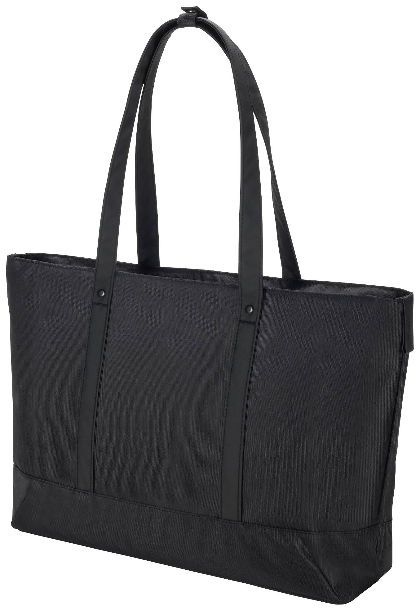 Czarna torba shopper z dwoma długimi uchwytami, wykonana z materiału przypominającego tkaninę; odpowiednia do zakupów lub codziennego użytku.