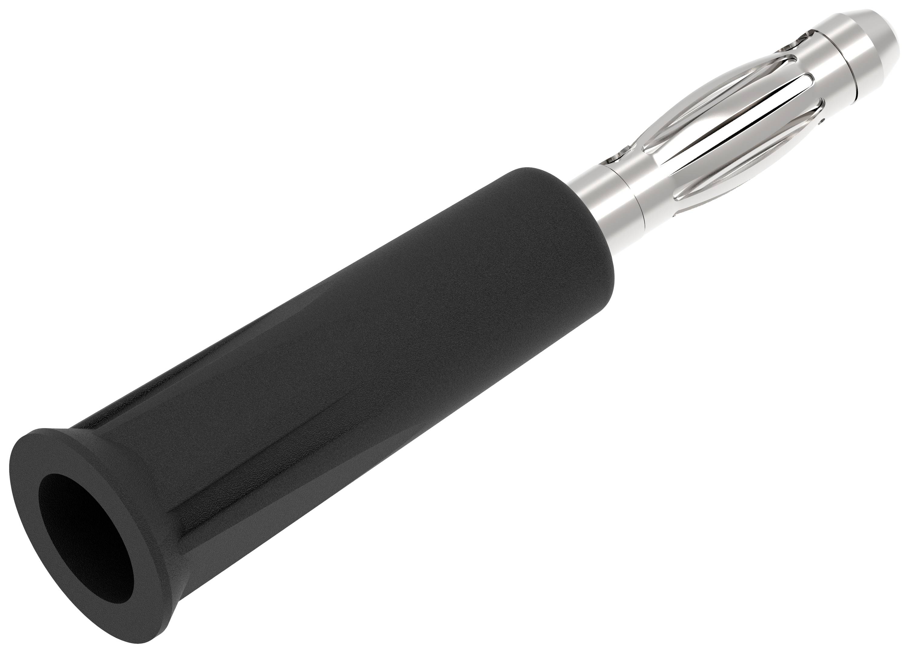 Czarny uchwyt z metalową wstawką. Mógłby być elementem narzędzia lub urządzenia; szczegóły wstawki są widoczne.