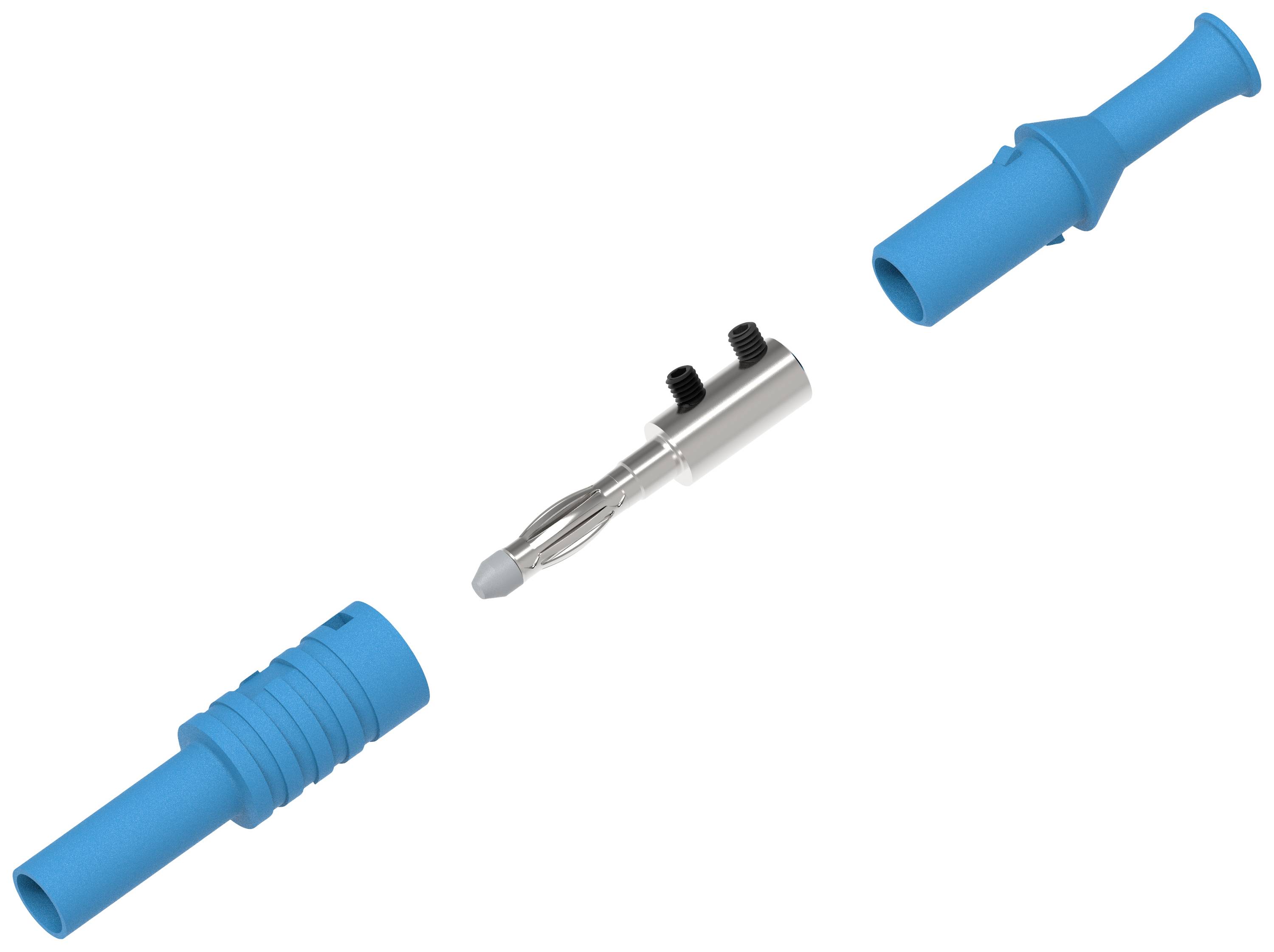 Elektryczny złącz rozłożony na części: dwie niebieskie komponenty z tworzywa sztucznego i metalowy pin w środku.