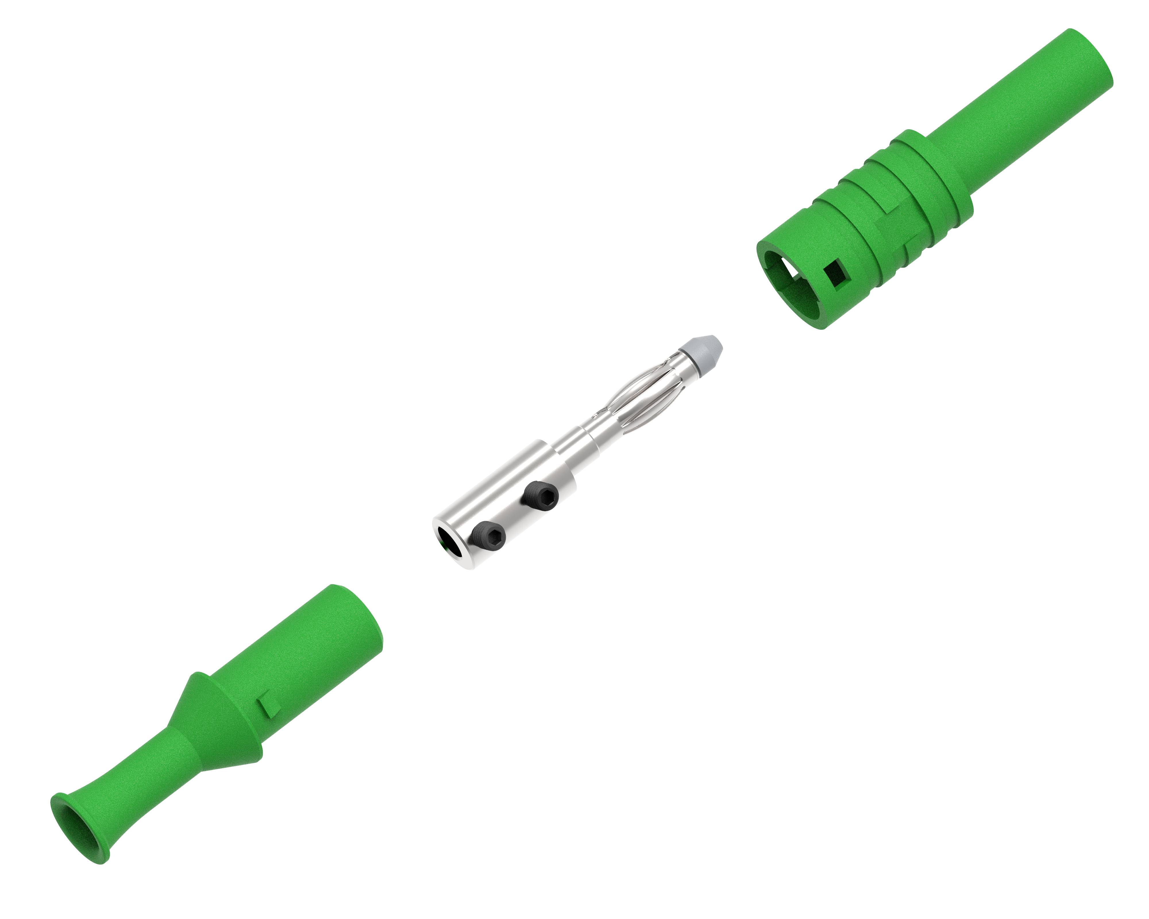 Zielony złącznik rozłożony na trzy części: dwa zielone, cylindryczne końce oraz srebrny element łączący pośrodku.