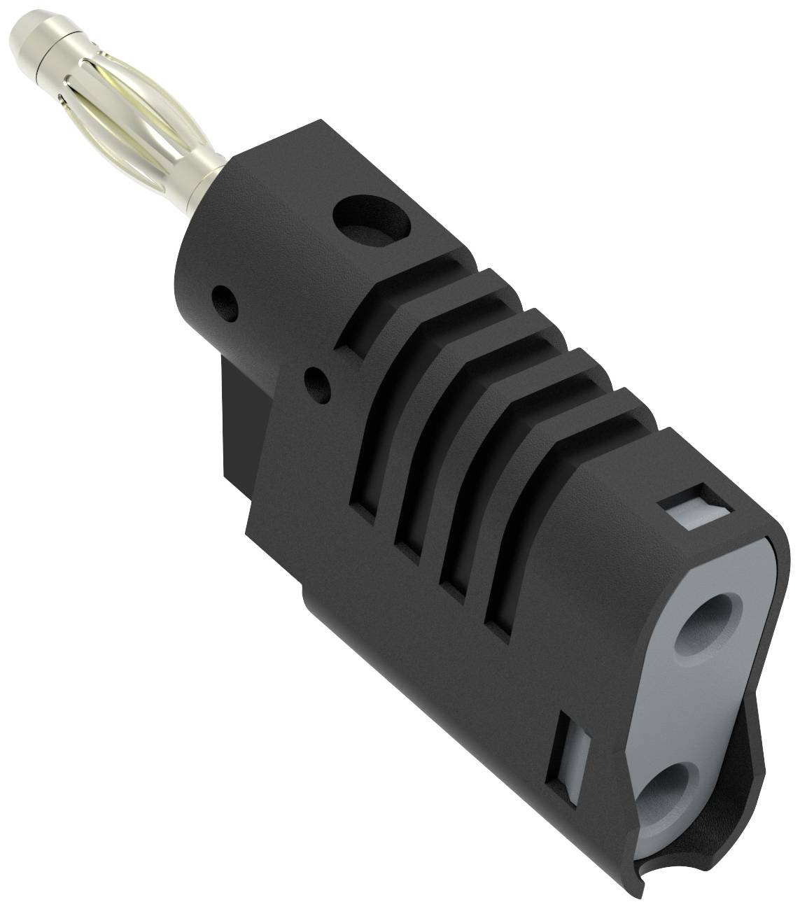 Adapter wtykowy z czarną obudową, metalicznym stykiem, prostokątną podstawą i bocznymi otworami wentylacyjnymi.