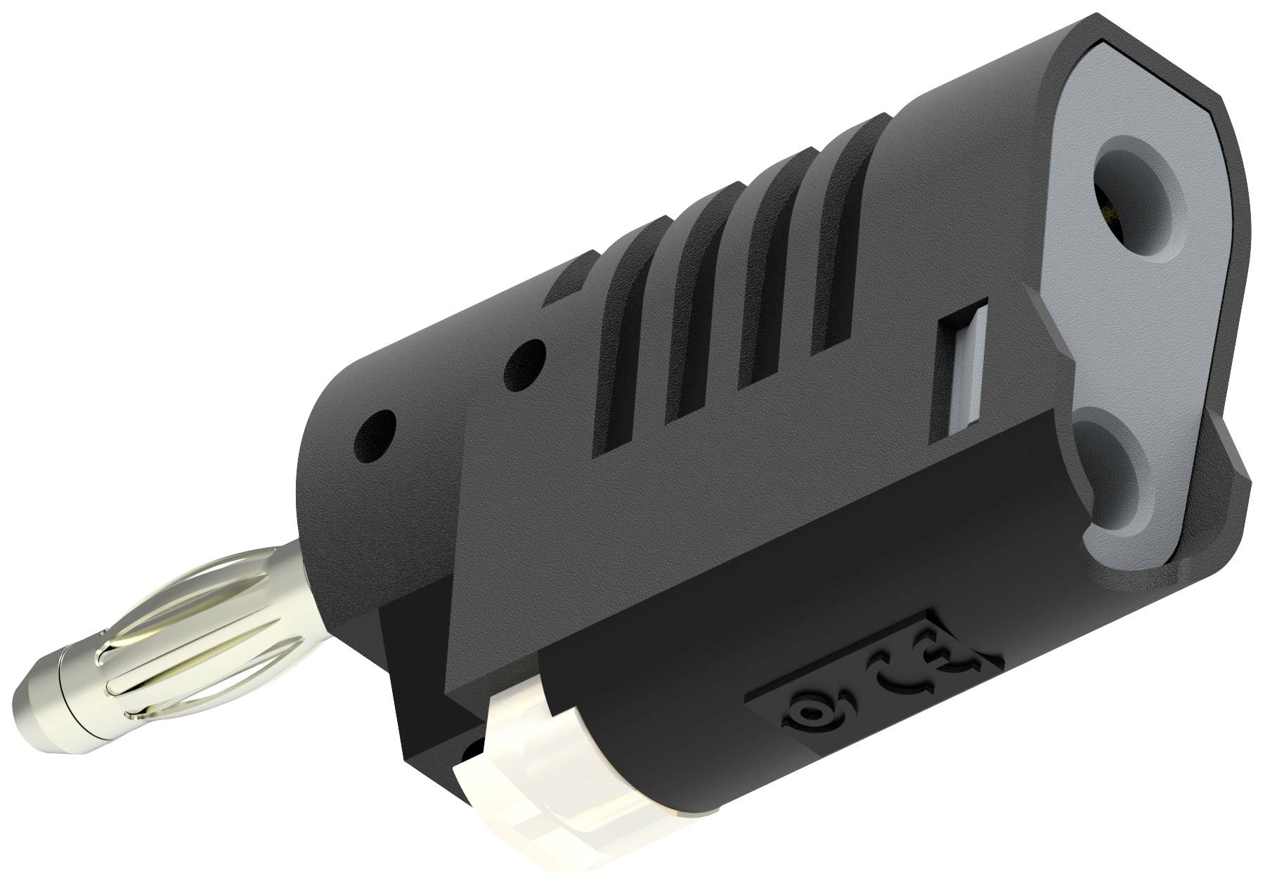 Czarny elektryczny wtyk z okrągłym metalowym bolcem i dwoma gniazdami, prawdopodobnie przeznaczony dla urządzeń audio.