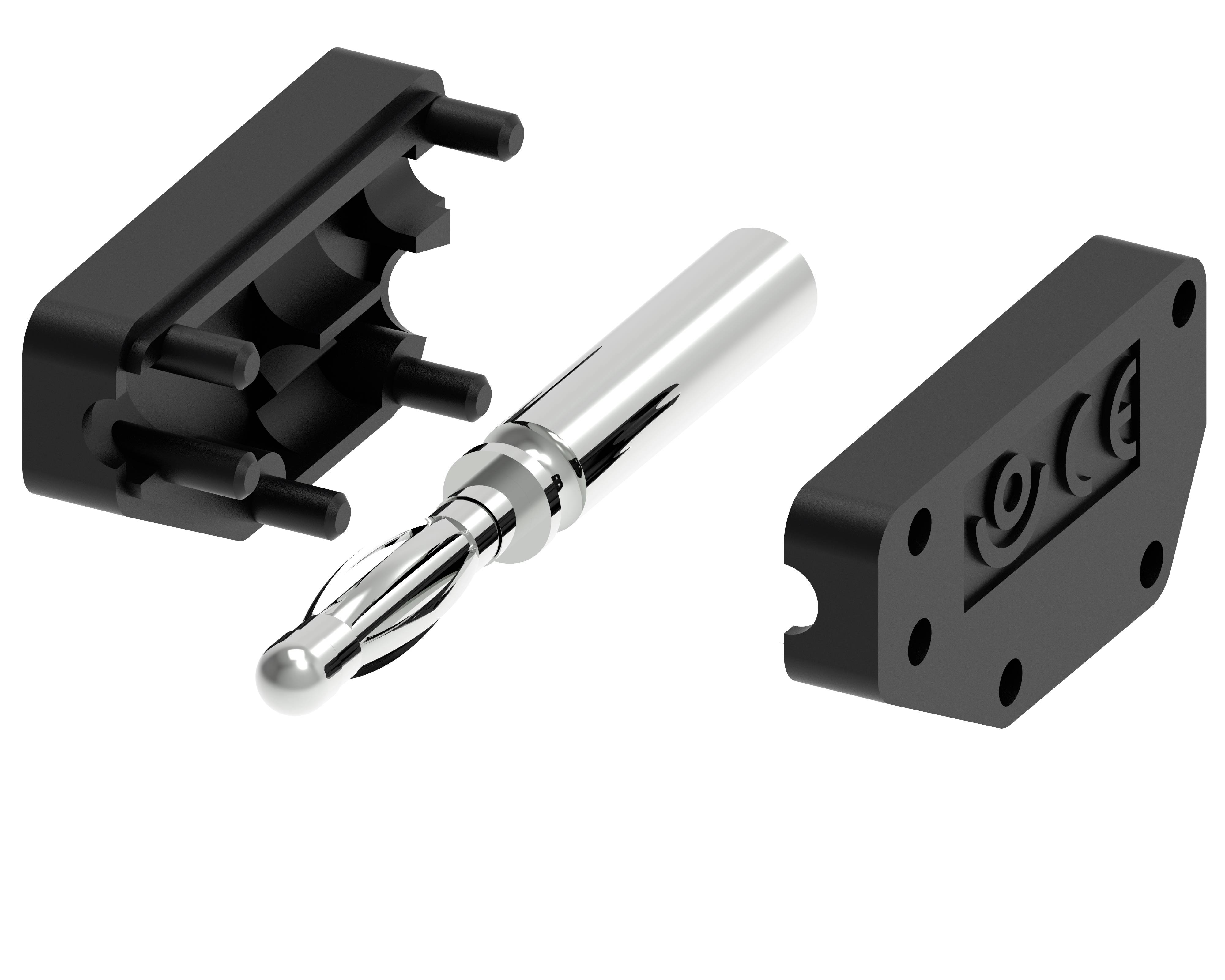 Czarno-srebrny elektryczny złącz składający się z trzech głównych elementów: dwóch czarnych elementów obudowy z tworzywa sztucznego oraz metalowego styku w środku.