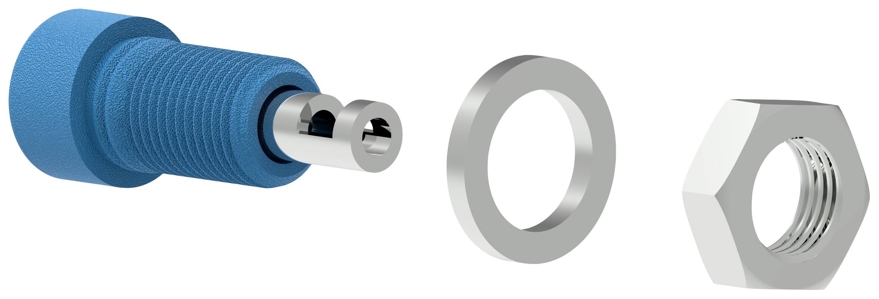 Niebieski łącznik, metalowa podkładka i sześciokątna nakrętka są ułożone w rzędzie, ilustrując etap montażu.