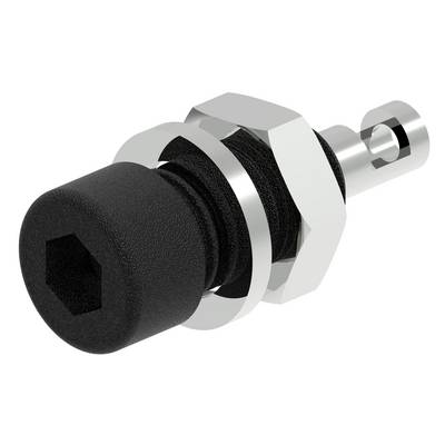 Srebrno-czarny element mechaniczny z sześciokątną główką i cylindrycznym korpusem, prawdopodobnie element mocujący.