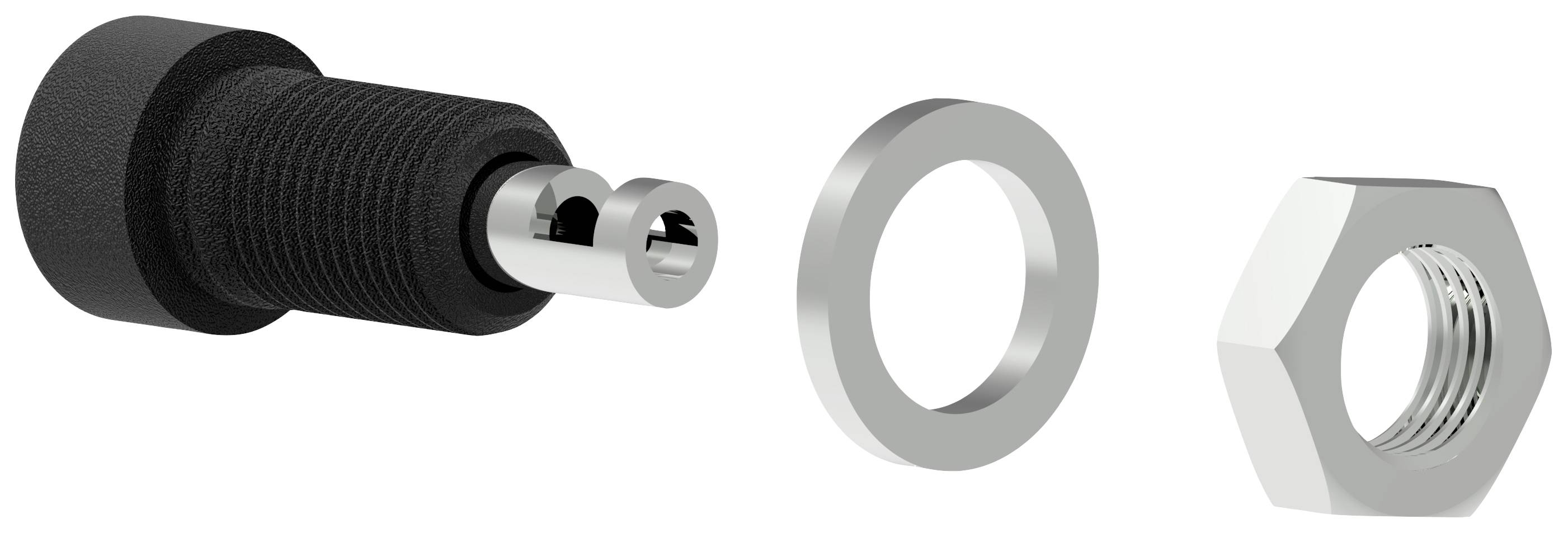 'Rysunek rozstrzelony adaptera wtykowego ze śrubą, nakrętką i podkładką uszczelniającą.'