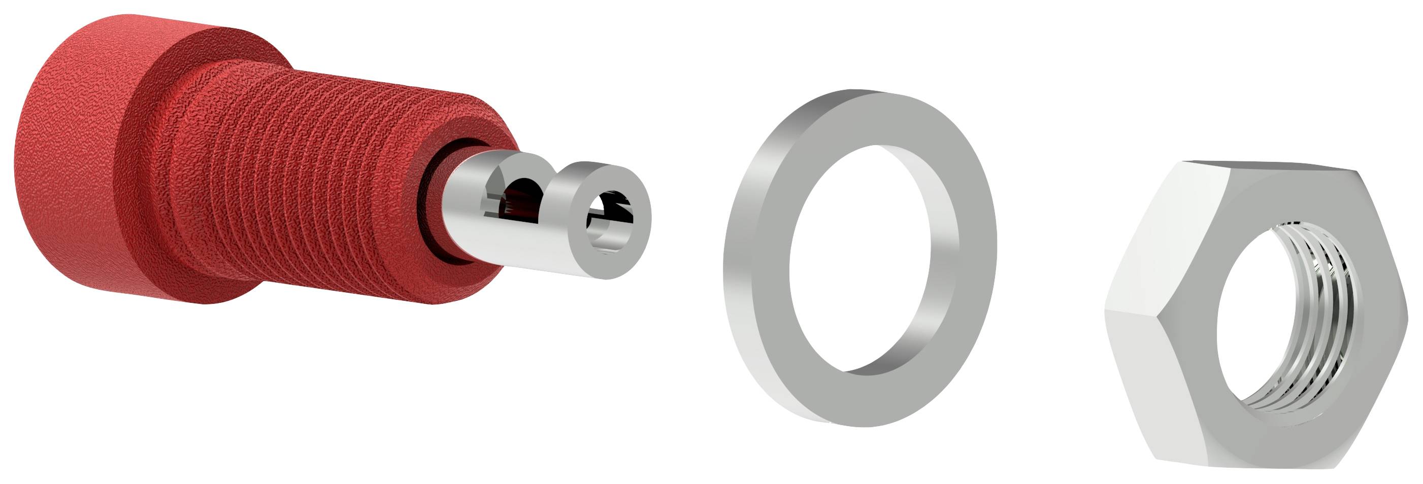 Czerwona część maszyny z gwintem wewnętrznym, srebrna podkładka i sześciokątna nakrętka. Odpowiednia do zastosowań mechanicznych.