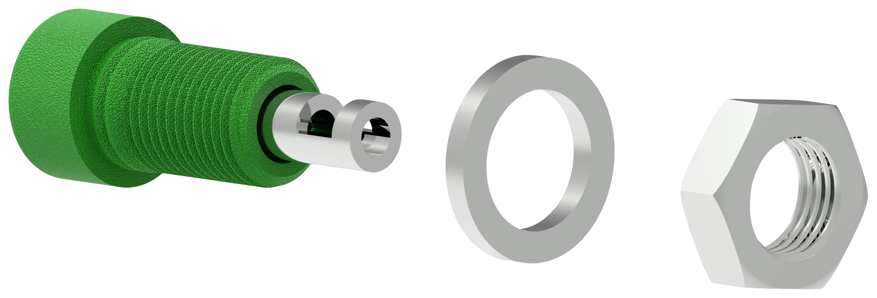 'Rysunek przedstawia zieloną śrubę z podkładką i nakrętką. Są one ułożone w rzędzie do montażu.'