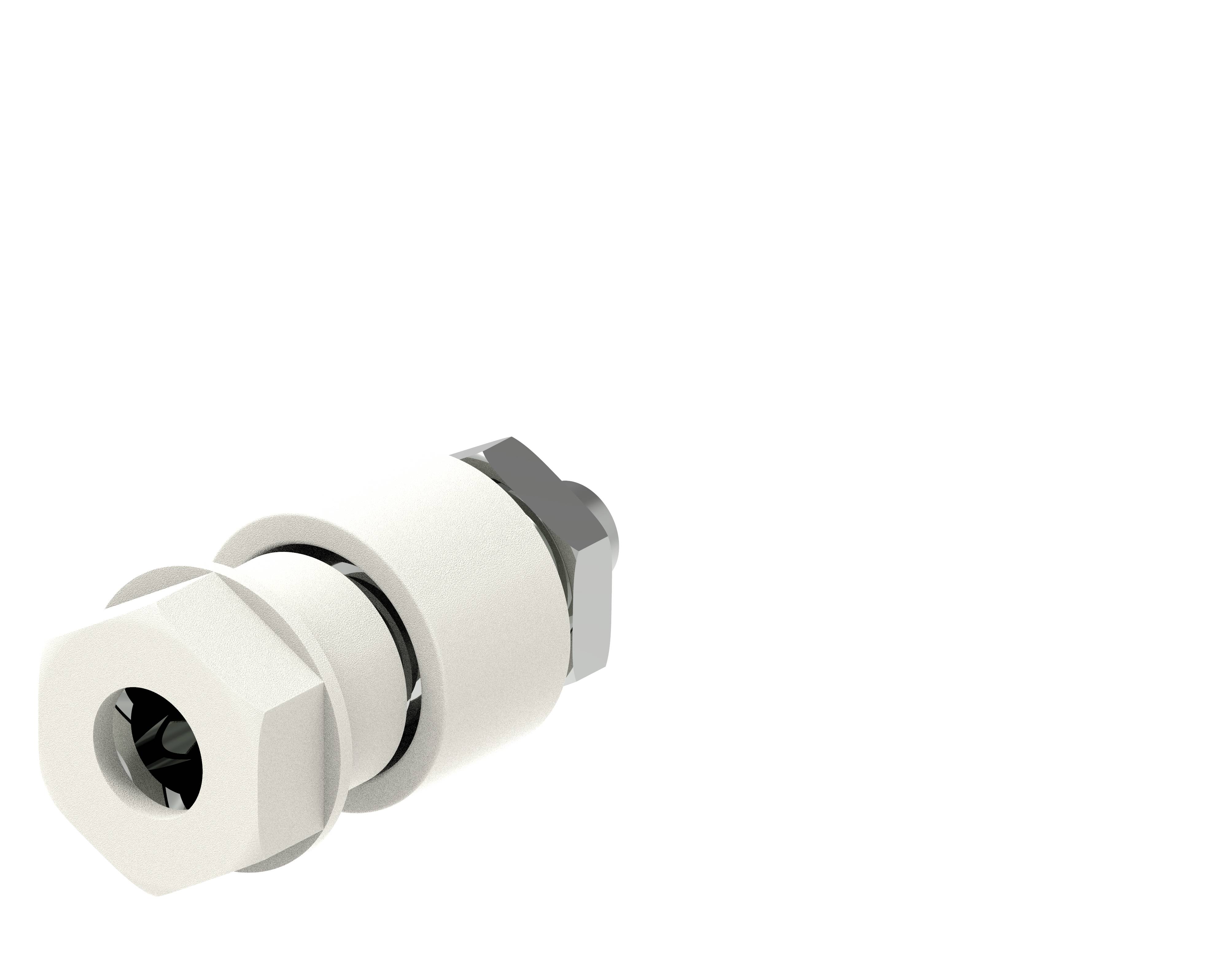 Biała plastikowa śruba z łbem sześciokątnym i gwintem metalowym na białym tle.