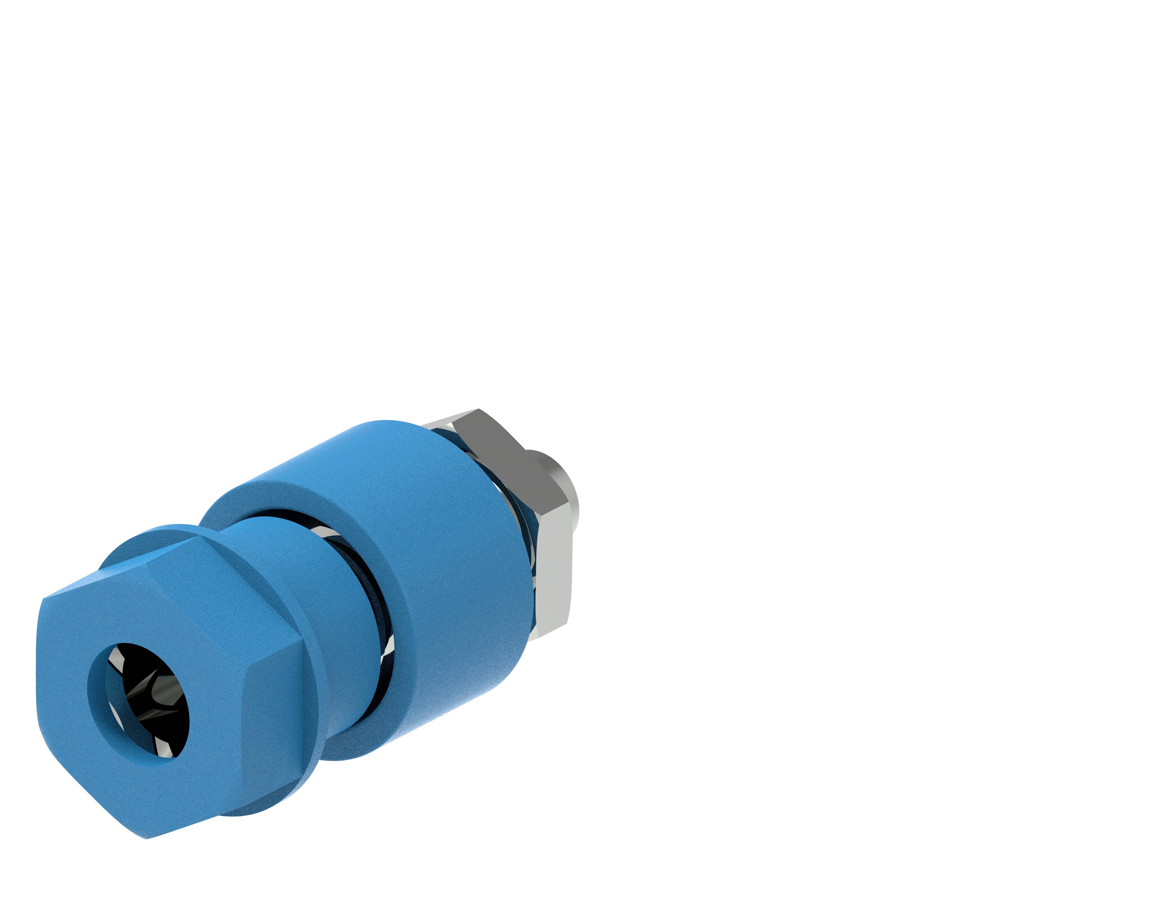 Niebieski metalowy element, przypominający zawias, leży na białej powierzchni. Składa się z form cylindrycznych i sześciokątnych.