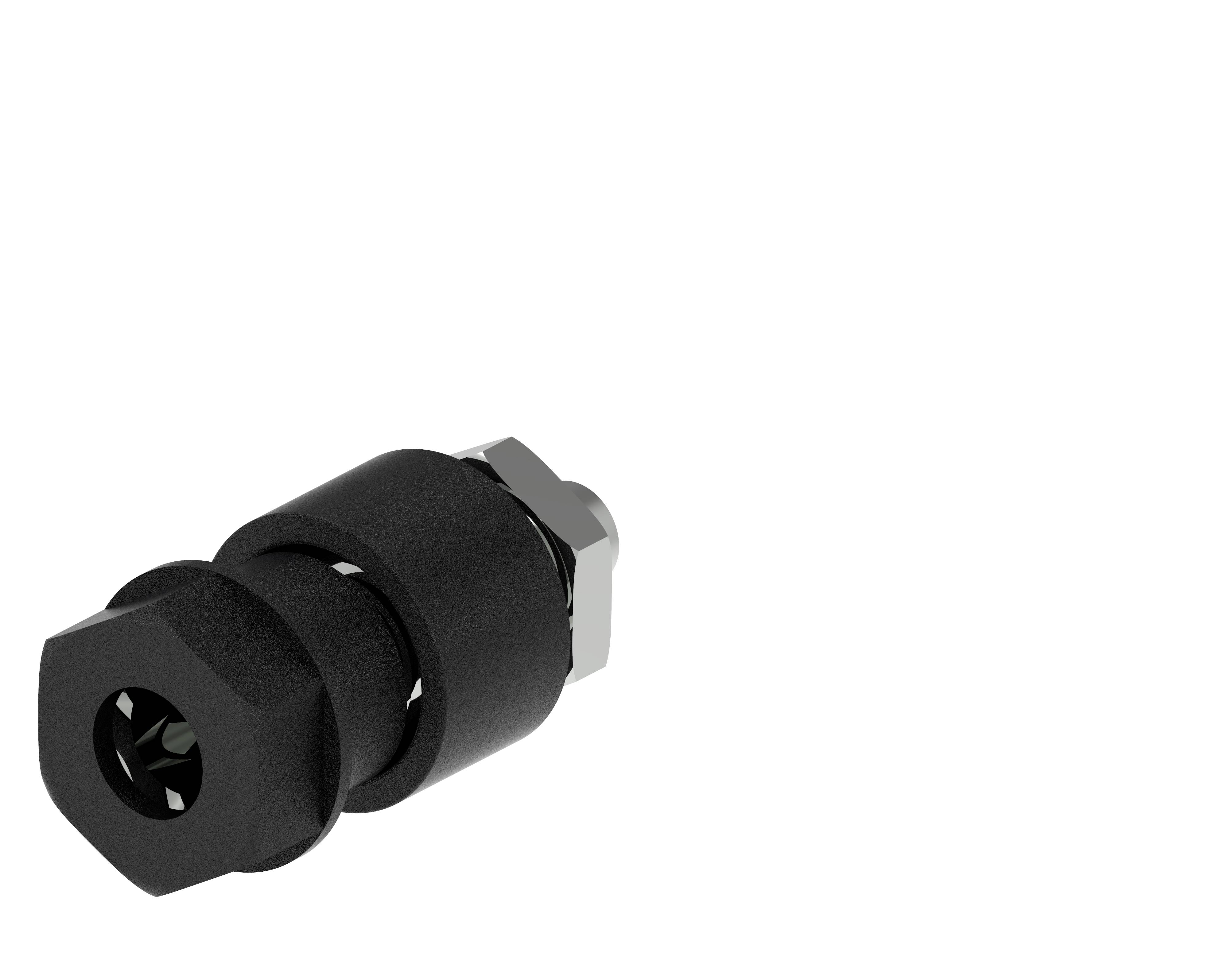 Czarna śruba z łbem sześciokątnym, połączona z okrągłą nakrętką, na białym tle. Odpowiednia do montażu maszyn.