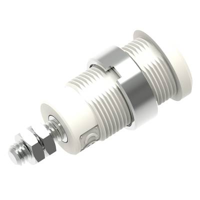 Cylindryczny element metalowy z gwintem, nakrętkami i karbowaniem na obu końcach. Głównie biały z srebrnymi akcentami.