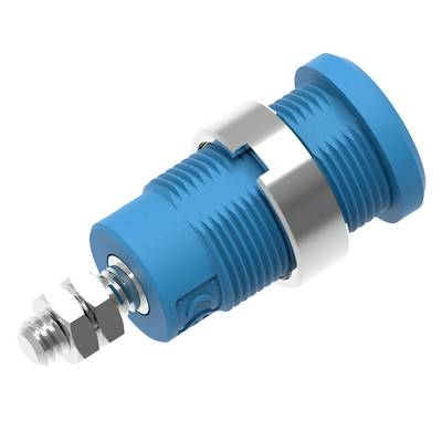 Niebieski cylindryczny łącznik mechaniczny z metalową nakładką i śrubami. Stosowany w zastosowaniach technicznych lub maszynach.
