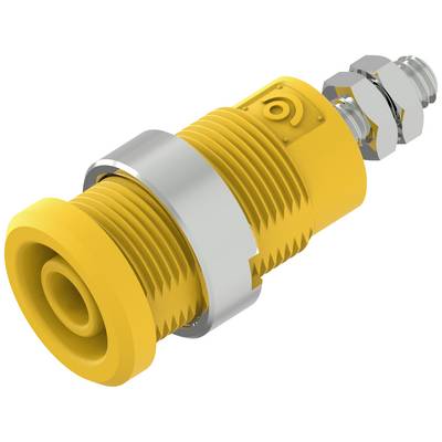 Żółte, cylindryczne urządzenie z metalową śrubą i nakrętką, prawdopodobnie element techniczny lub łącznik.