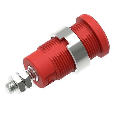 Czerwony, cylindryczny element z gwintem śrubowym i metalowym złączem, prawdopodobnie złączka elektryczna lub mechaniczna.