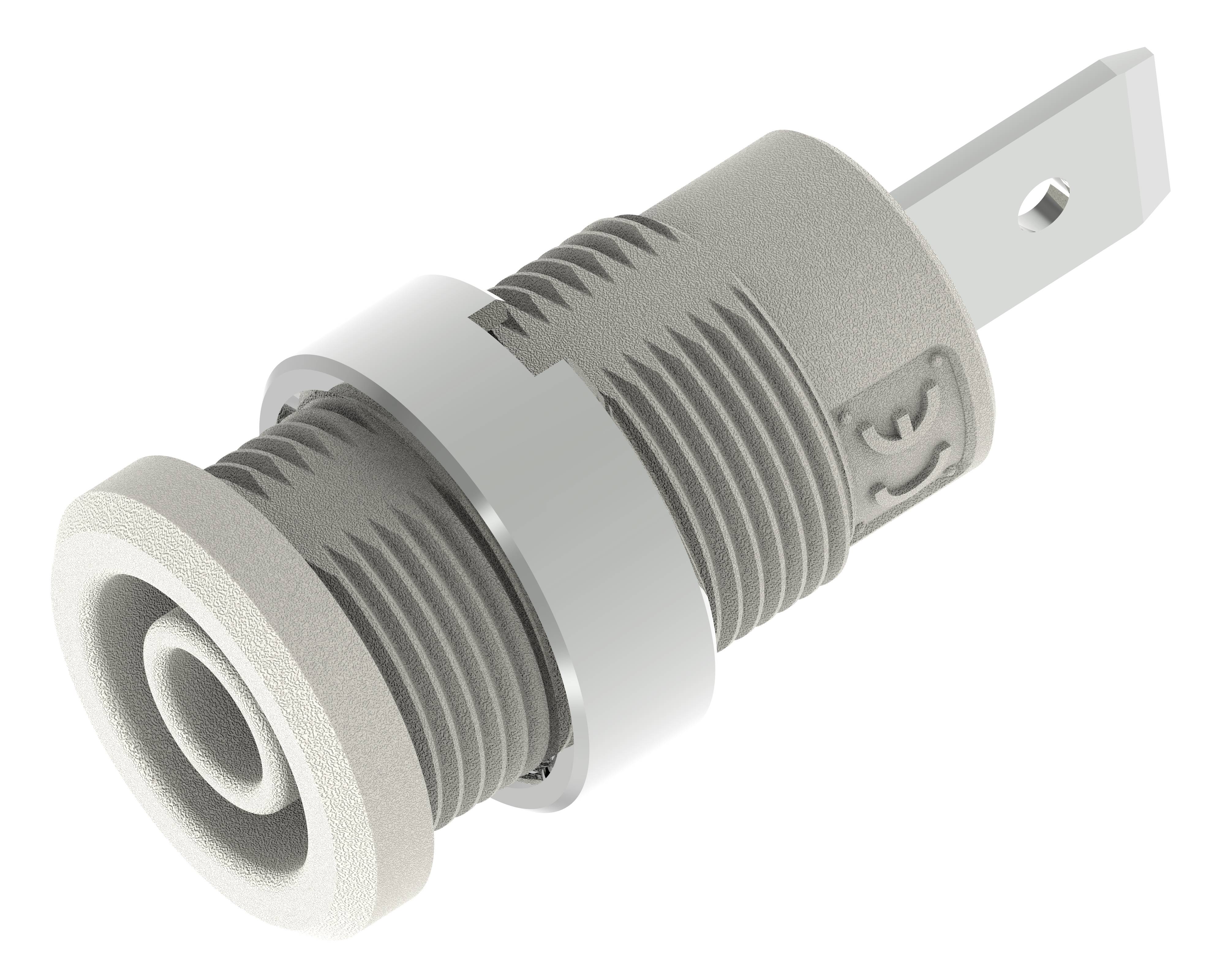 Obudowa złącza kablowego 'bez śrub' z szarym gwintem i metalowym zaciskiem, przeznaczona do bezpiecznego podłączania kabli.