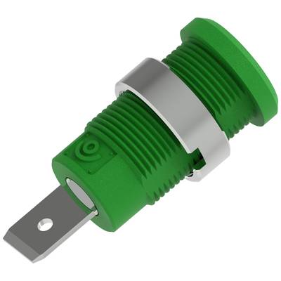 Zielony elektryczny złącz z metalowym klipsem, ułożony poziomo, przedstawiający gniazdo i mechanizm mocujący.