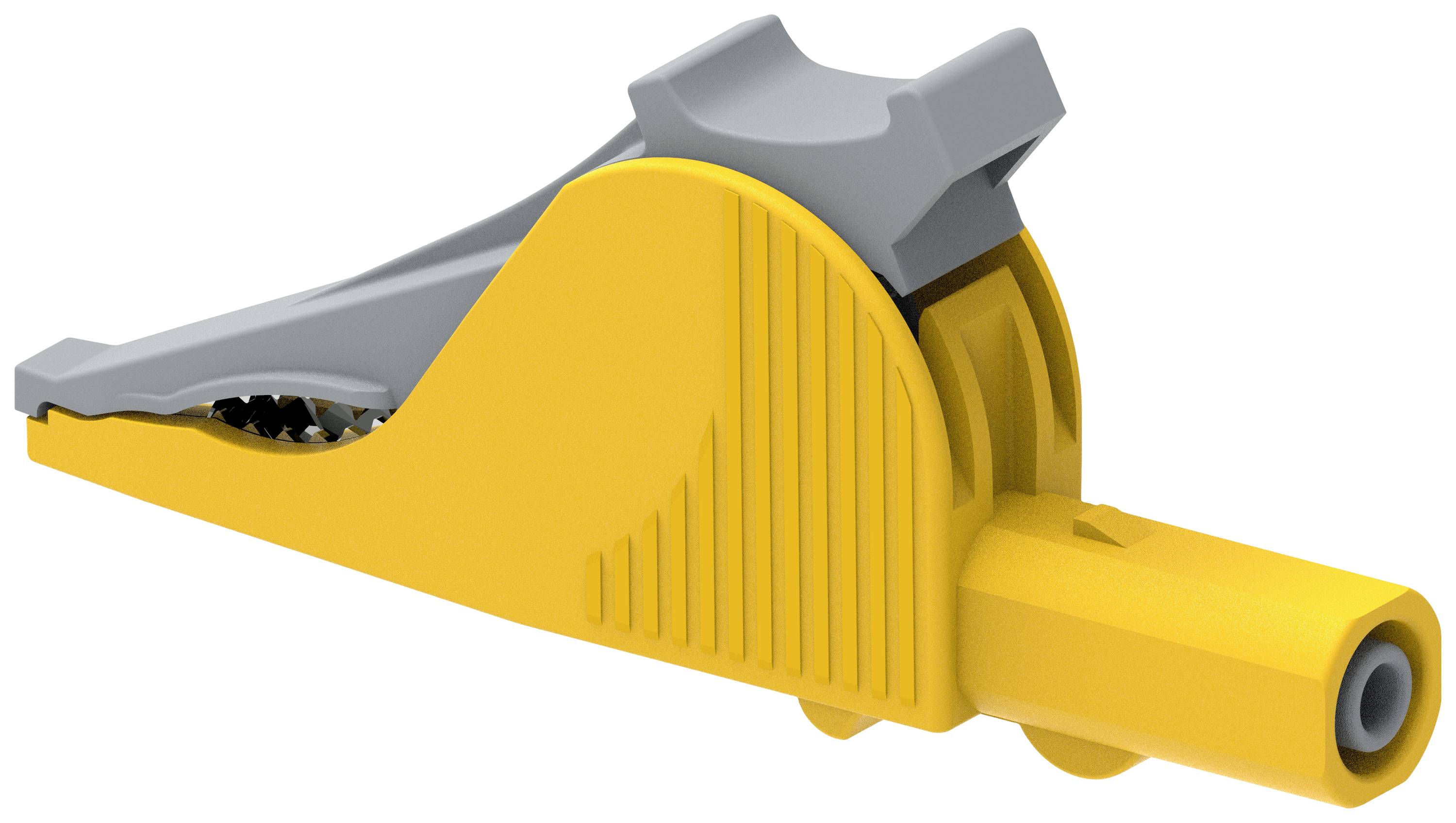 Żółta klamra krokodylkowa z szarym uchwytem. Służy do bezpiecznego mocowania kabli podczas połączeń elektrycznych i testów.