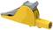Żółta klamra krokodylkowa z szarym uchwytem. Służy do bezpiecznego mocowania kabli podczas połączeń elektrycznych i testów.