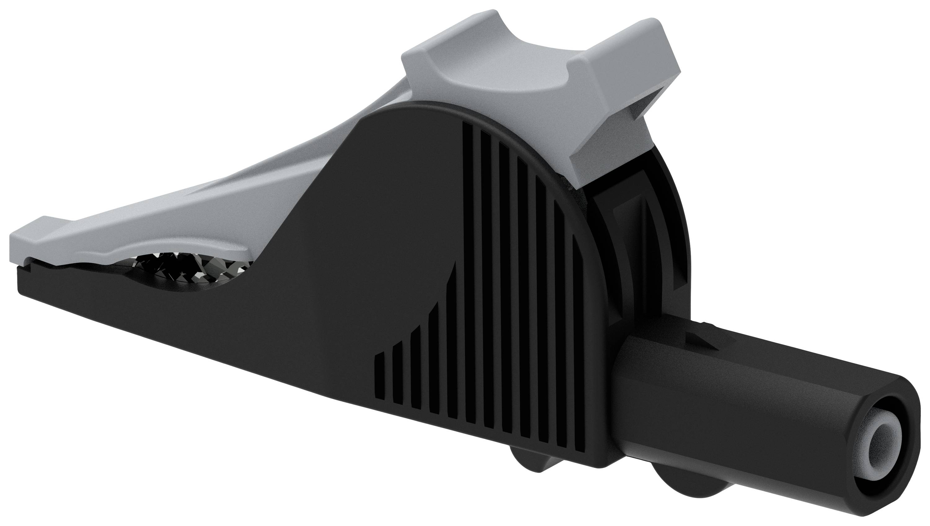 Czarno-szara szczęka krokodylkowa do połączeń elektrycznych, z ząbkowanym uchwytem i izolowanym złączem wtykowym.