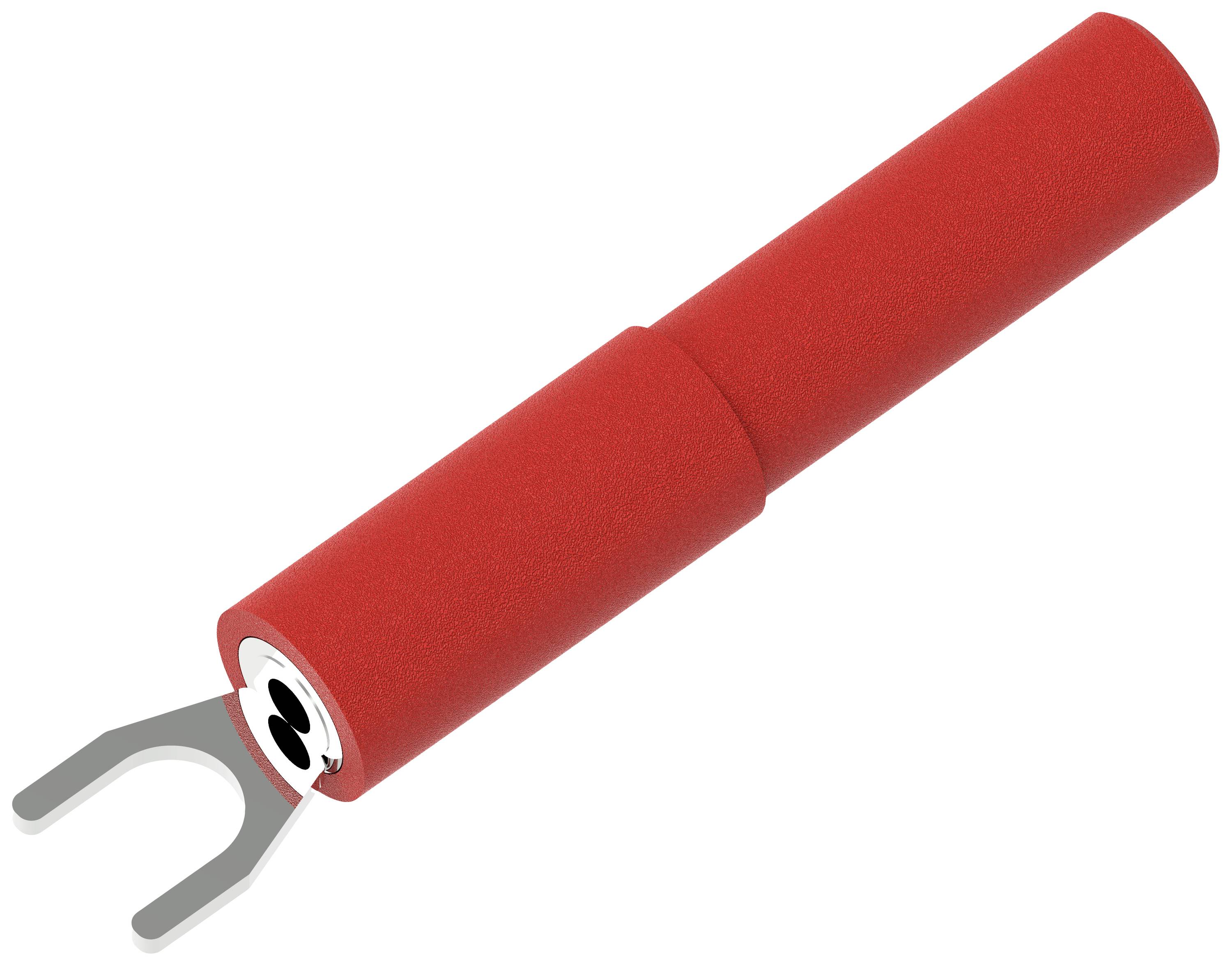 Czerwony, cylindryczny element z metalowym widelcem na końcu, prawdopodobnie akcesorium narzędziowe.