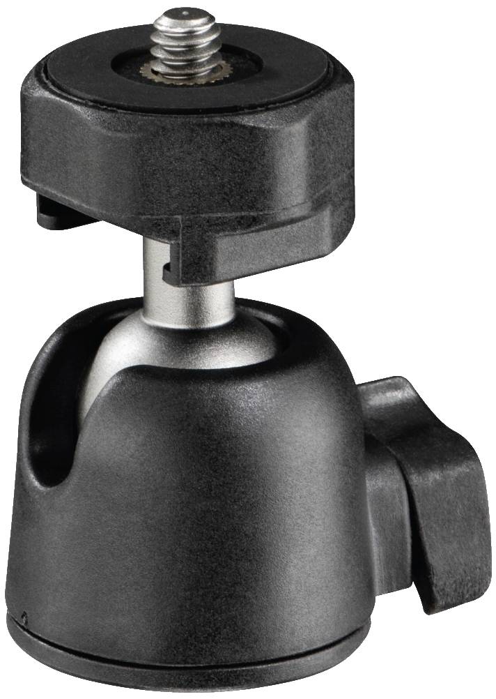 Czarny adapter kulowy wykonany z metalu i tworzywa sztucznego z jedną śrubą, służący do mocowania kamer lub akcesoriów na statywach.