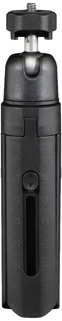 Czarny, kompaktowy statyw fotograficzny w pozycji złożonej, wyposażony w pokrętło na górze, przystosowany do mocowania uniwersalnego aparatu fotograficznego lub smartfona.