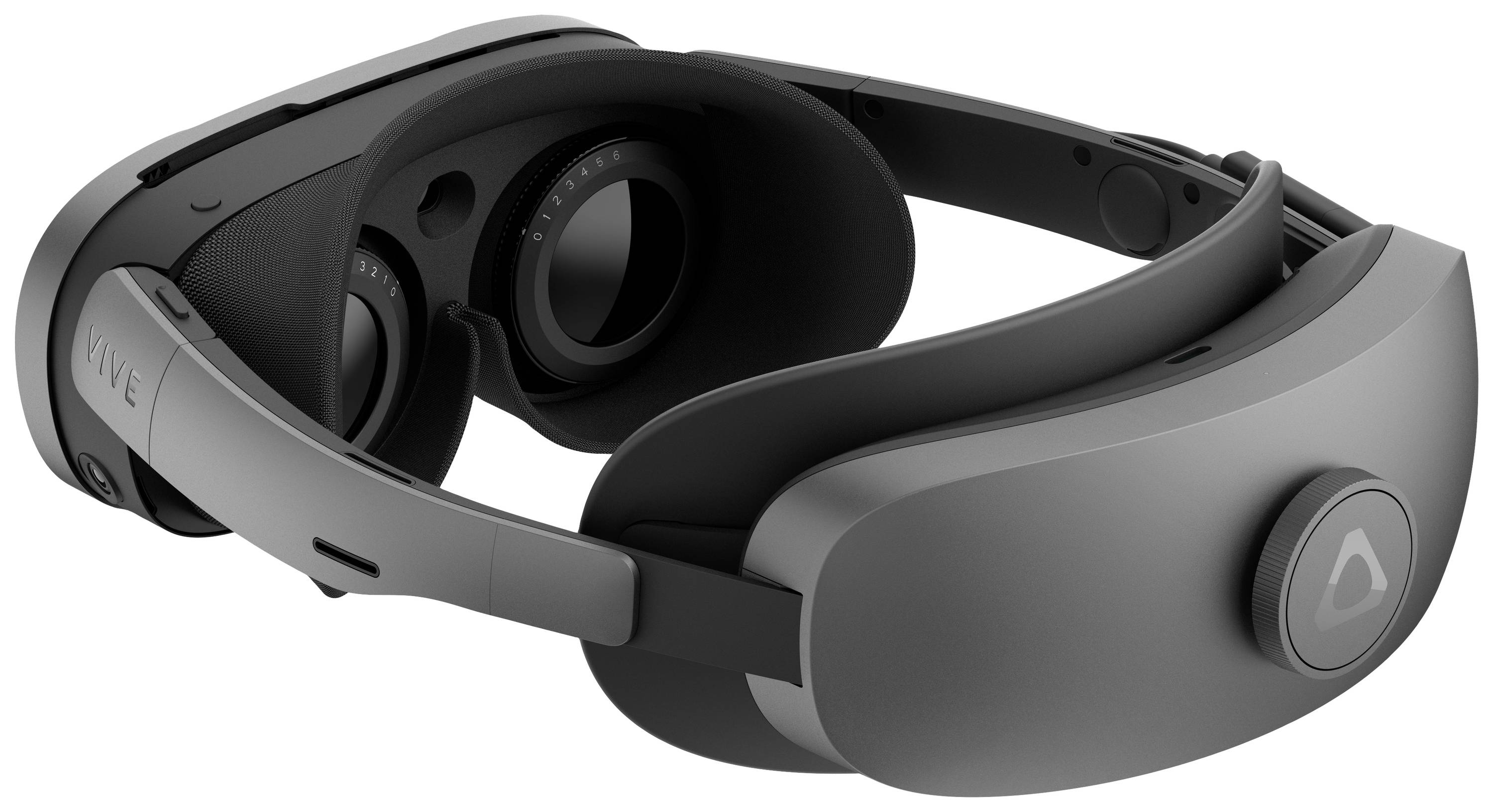 Czarne okulary VR firmy Vive, nazwa modelu niewidoczna, o solidnej konstrukcji i wyściełanych paskach. Idealne do immersyjnych doświadczeń.