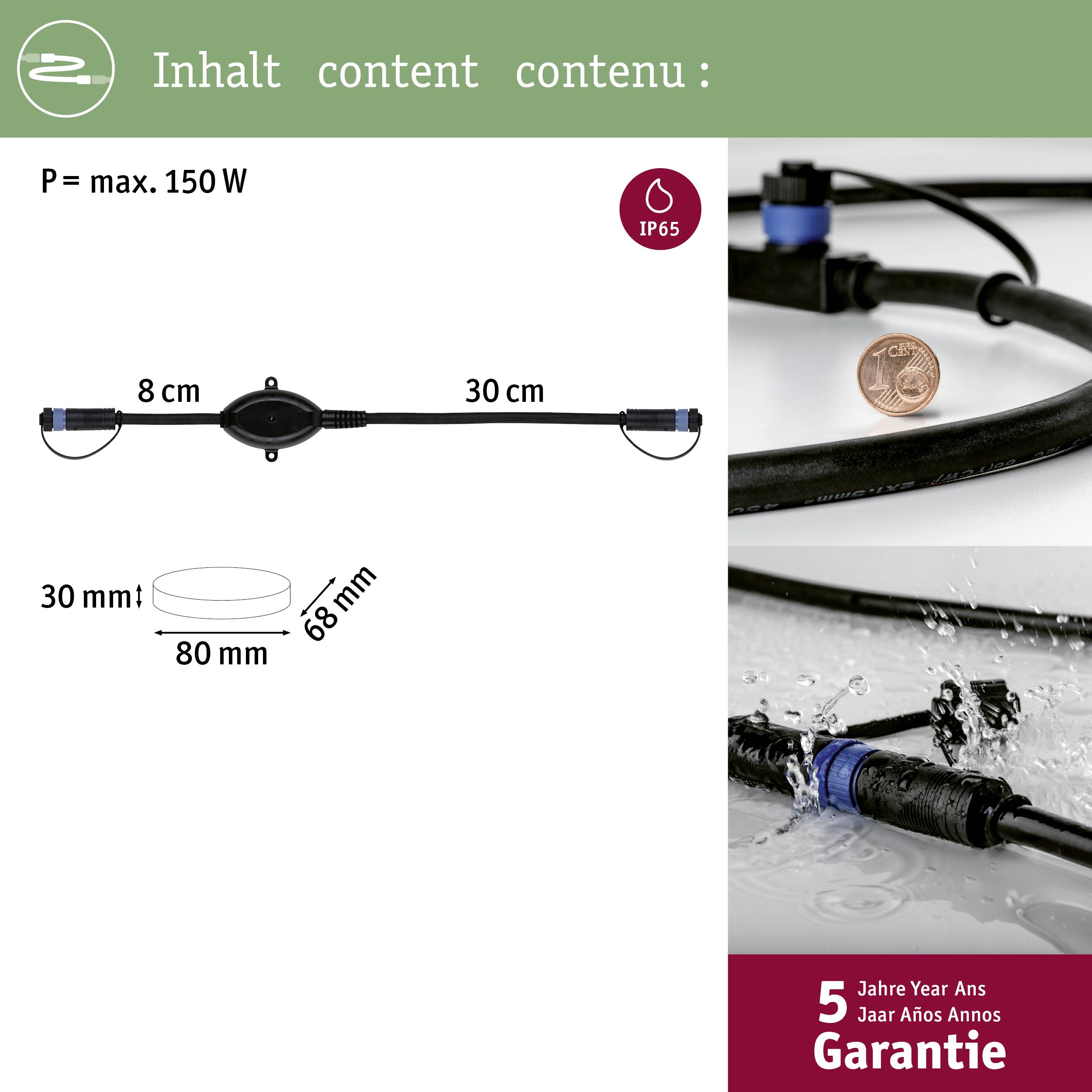 'Zdjęcie produktowe wodoszczelnego systemu połączeń kablowych, maks. 150 W. Wymiary: 80 mm x 68 mm. Zawiera informację o 5-letniej gwarancji.'