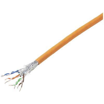 Pomarańczowy, ekranowany kabel sieciowy z czterema skręconymi parami przewodów i widocznym ekranem przewodu, używany do transmisji danych.