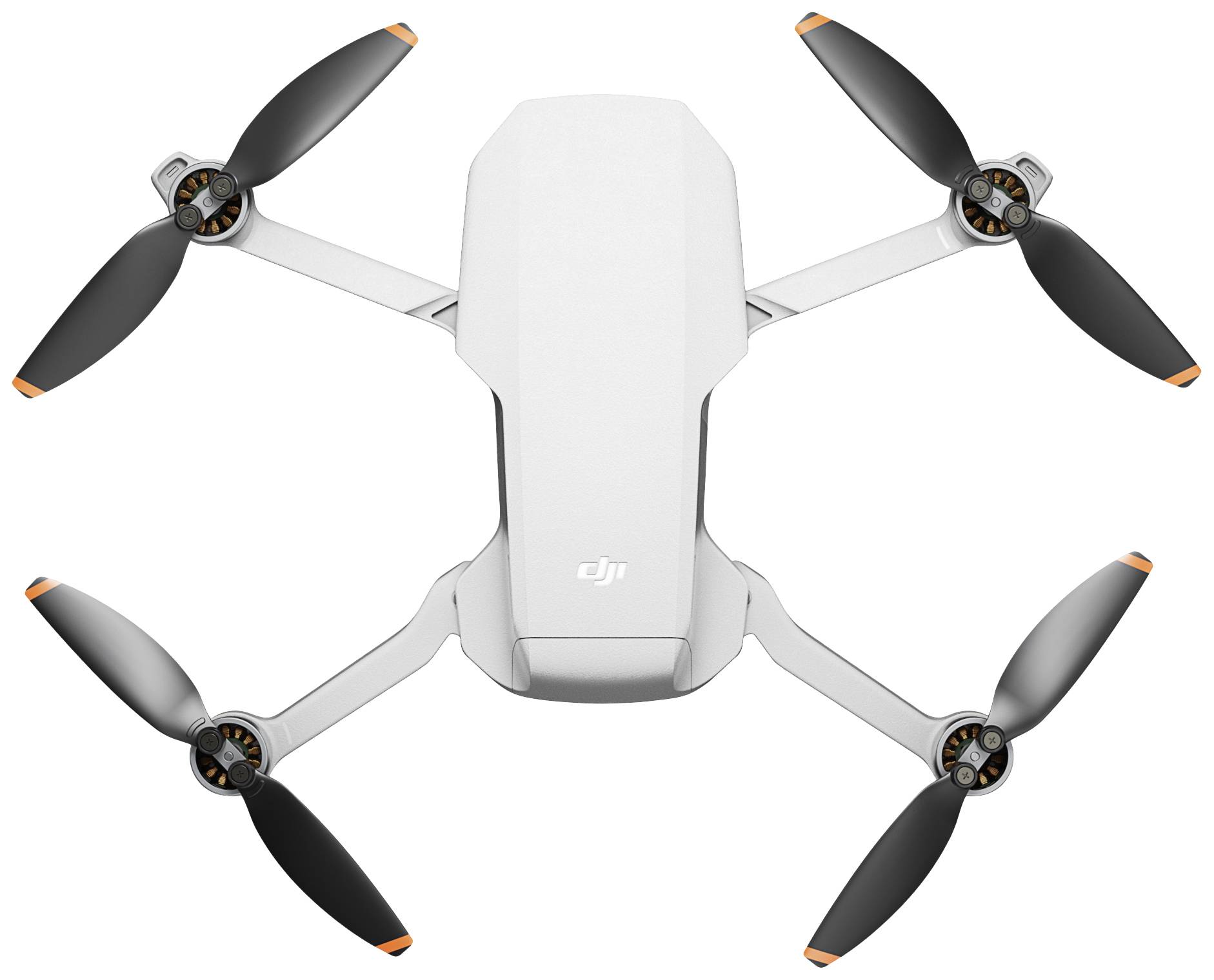 Biały dron z czterema rotorami w kształcie litery X, sfotografowany z góry.