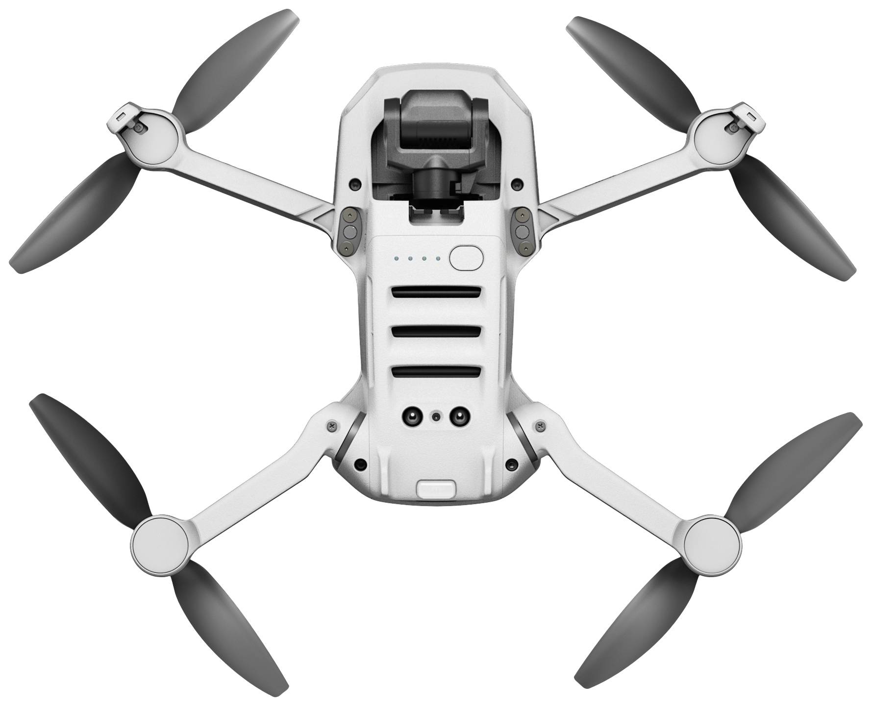 Biały dron z czterema śmigłami i kamerą z przodu unosi się w powietrzu.
