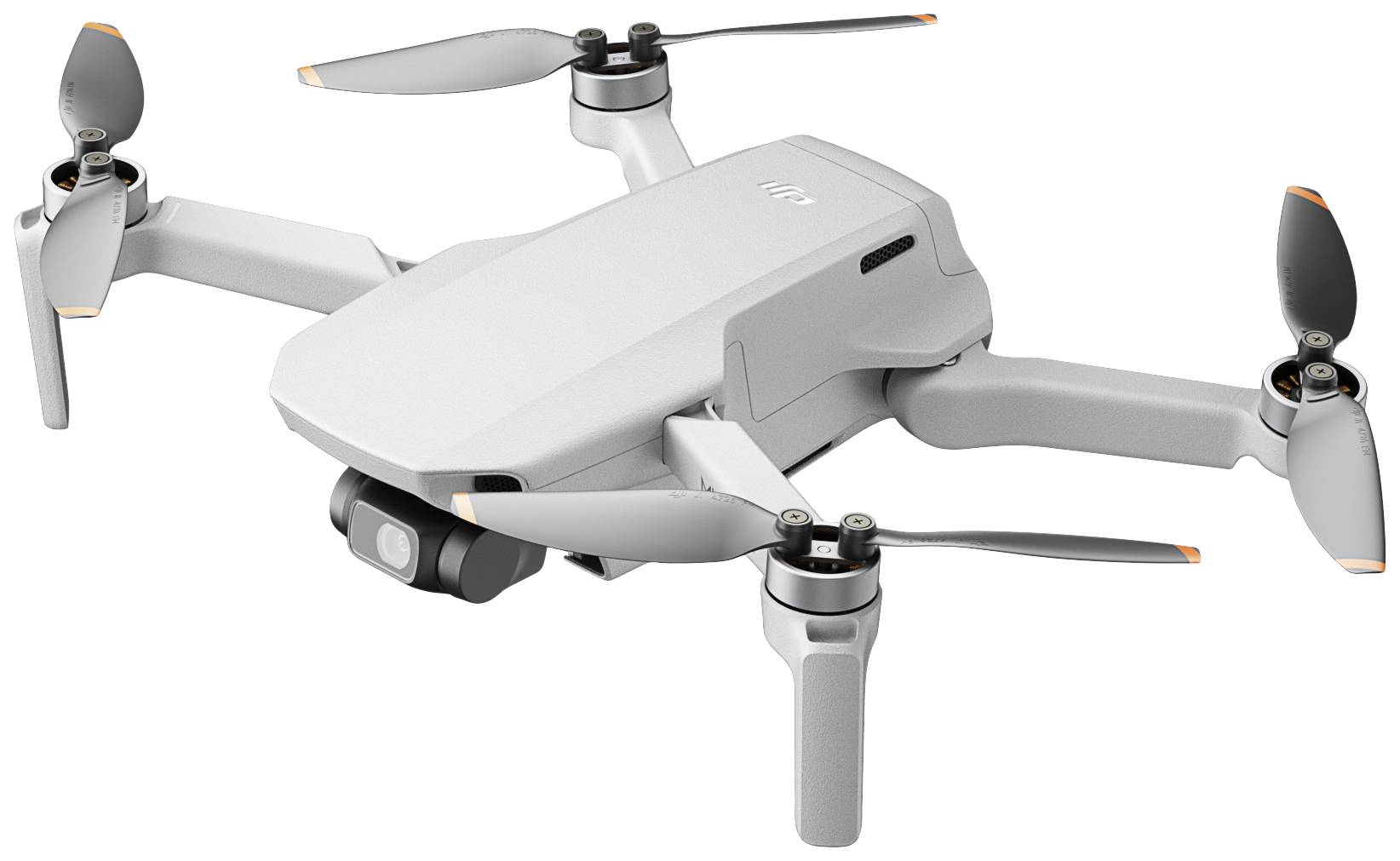 Biały dron z czterema śmigłami unosi się w powietrzu. Z przodu posiada wbudowaną kamerę.