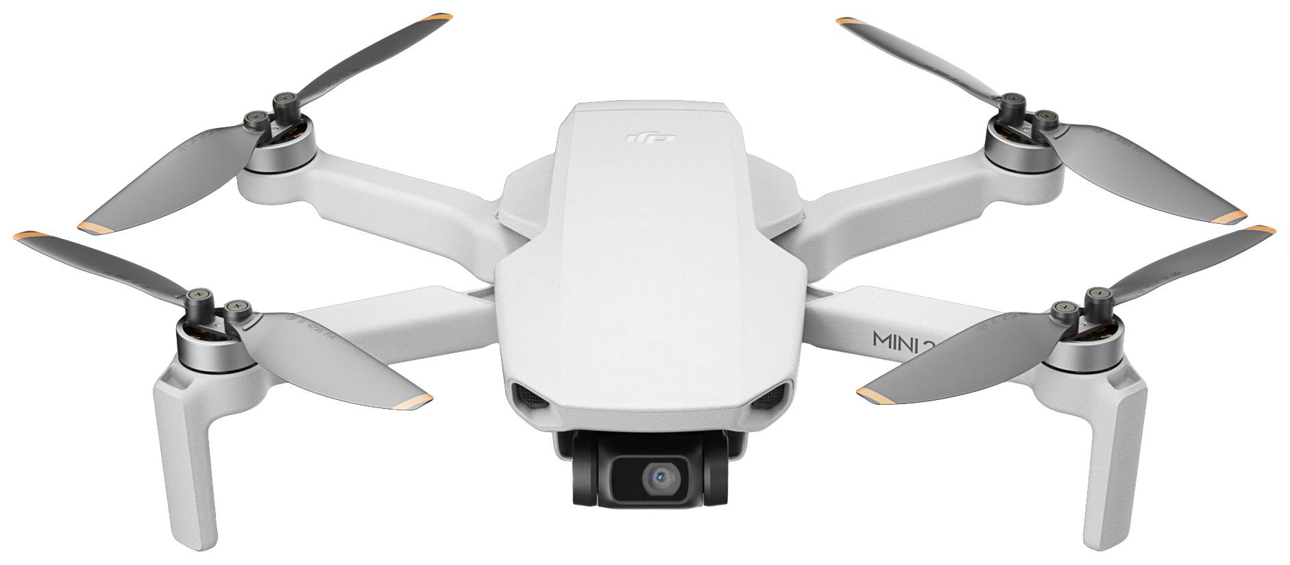 Biały dron z czterema śmigłami i kamerą zamontowaną z przodu zawisa w powietrzu. Posiada kompaktową budowę.