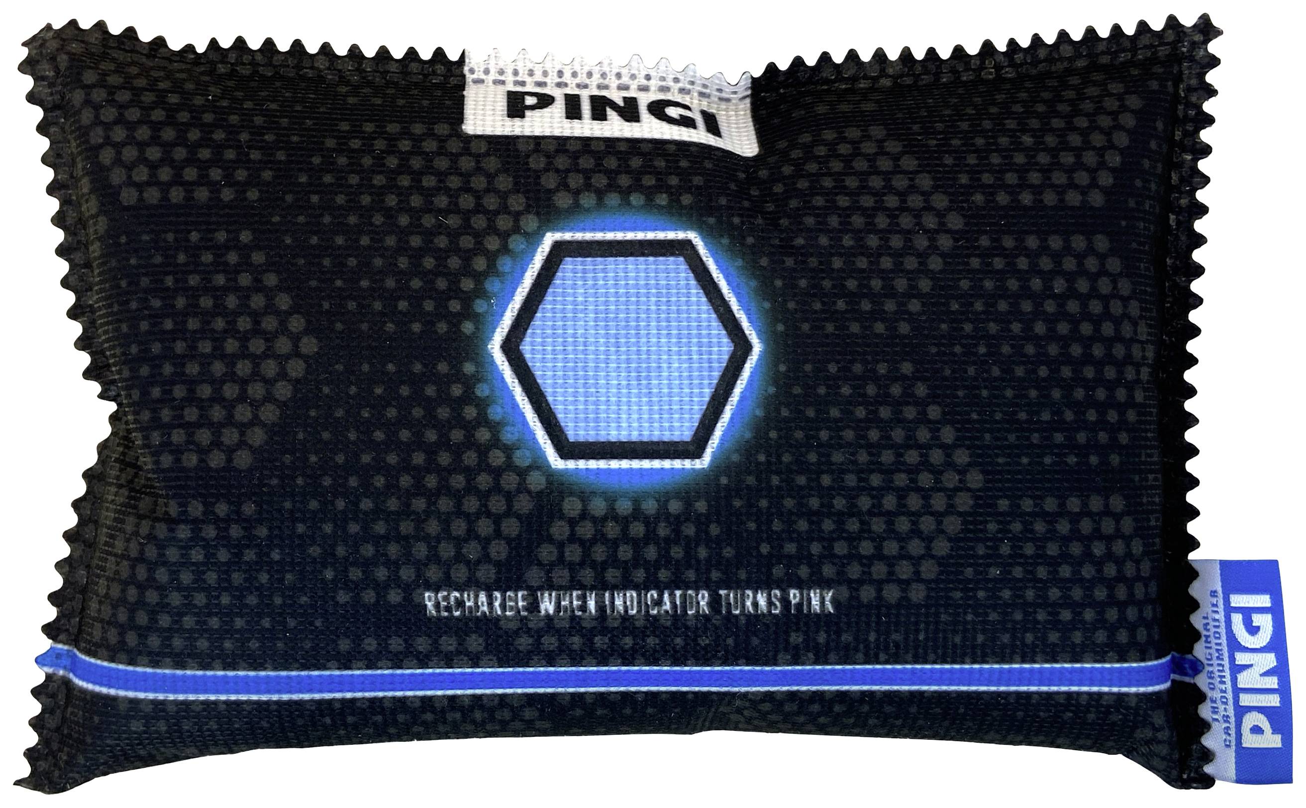 Obraz przedstawia wielokrotnego użytku osuszacz pochłaniający wilgoć w kształcie niebieskiego sześciokąta, który podczas absorpcji wilgoci zmienia kolor na różowy. Nazwa marki 'PINGI'.