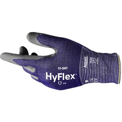 Rękawica ochronna z szarą częścią chwytną i niebieskim grzbietem dłoni. Nadruk: 'HyFlex', '11-561', 'Ansell'. Rozmiar 9, odpowiednia do lekkiej ochrony.