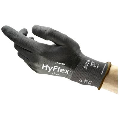 Czarny rękawica robocza z napisem 'HyFlex 11-849', 'Ansell', oznaczeniami kategorii ochrony i rozmiaru, nałożona na dłoń.