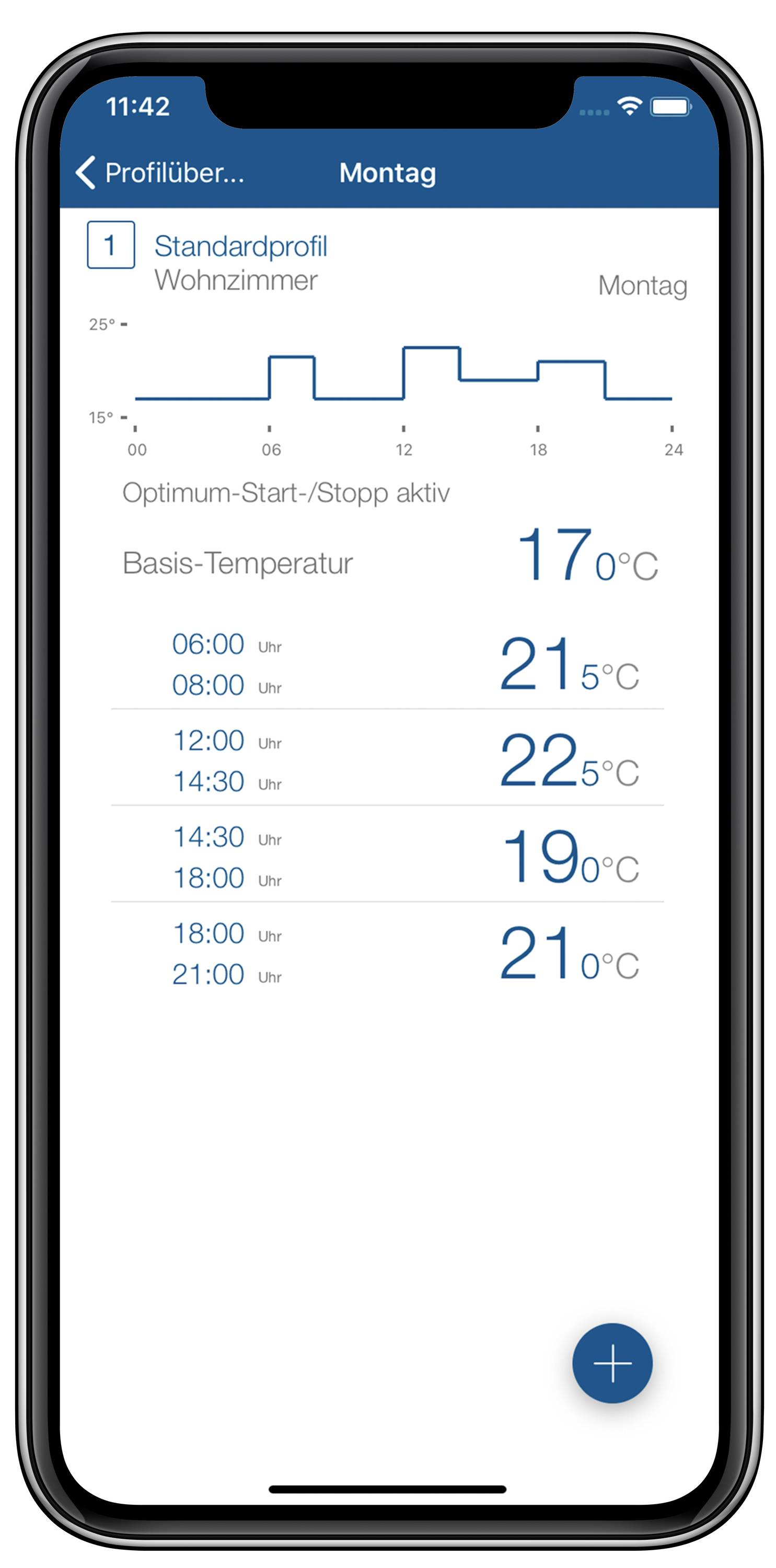 Diagram aplikacji sterującej ogrzewaniem przedstawia profile temperaturowe dla salonu w poniedziałek, pokazujący czasy i temperatury w zakresie od 17°C do 22°C.