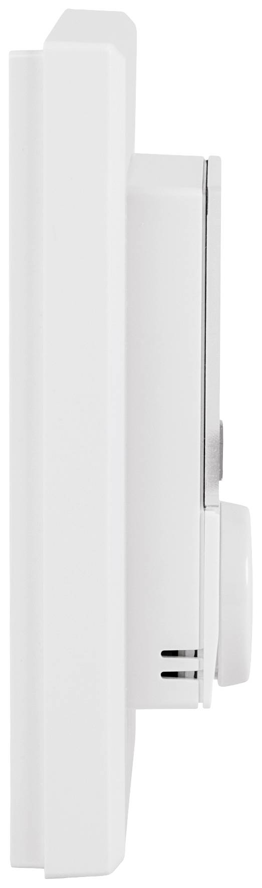 Boczny widok białego urządzenia elektronicznego zamocowanego na ścianie, prawdopodobnie termostatu, z pokrętłem regulacyjnym.