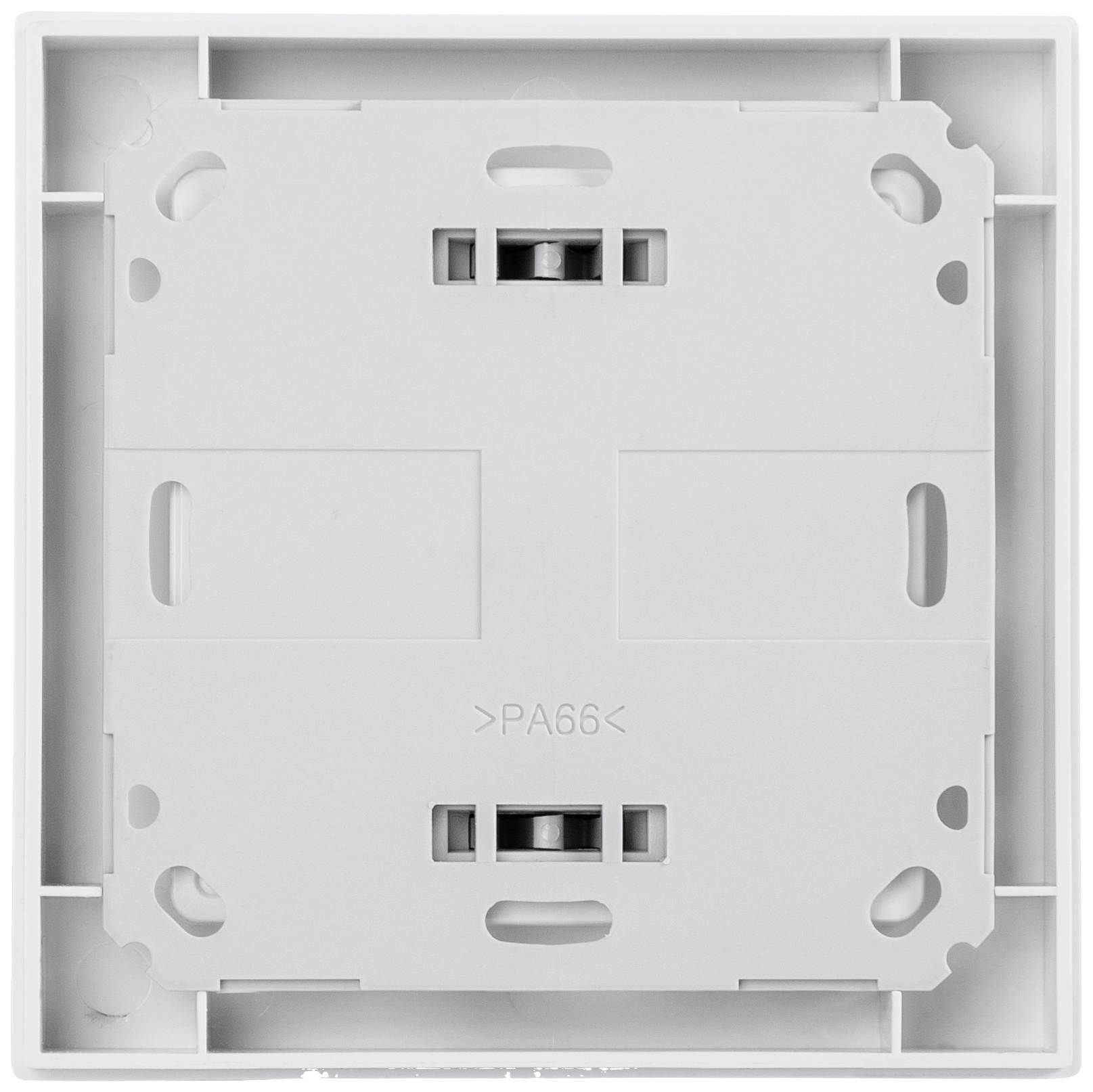 Biała, kwadratowa podstawa naścienna z wieloma otworami i czterema otworami montażowymi w narożnikach. Oznaczenie 'PA66' pośrodku.