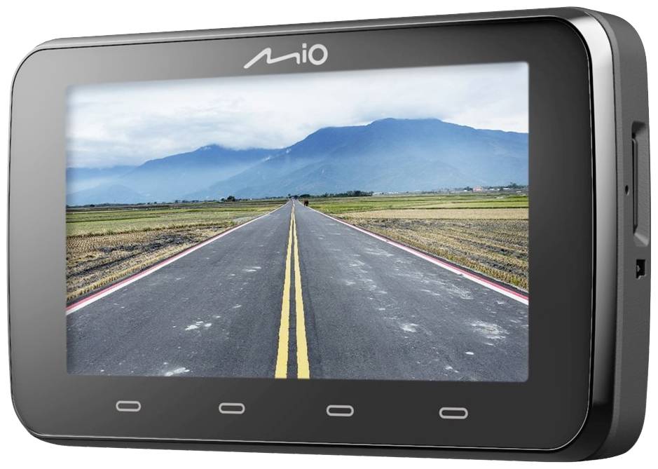 Przenośne urządzenie nawigacji GPS z dużym ekranem pokazuje długą, prostą drogę prowadzącą w krajobraz górski.