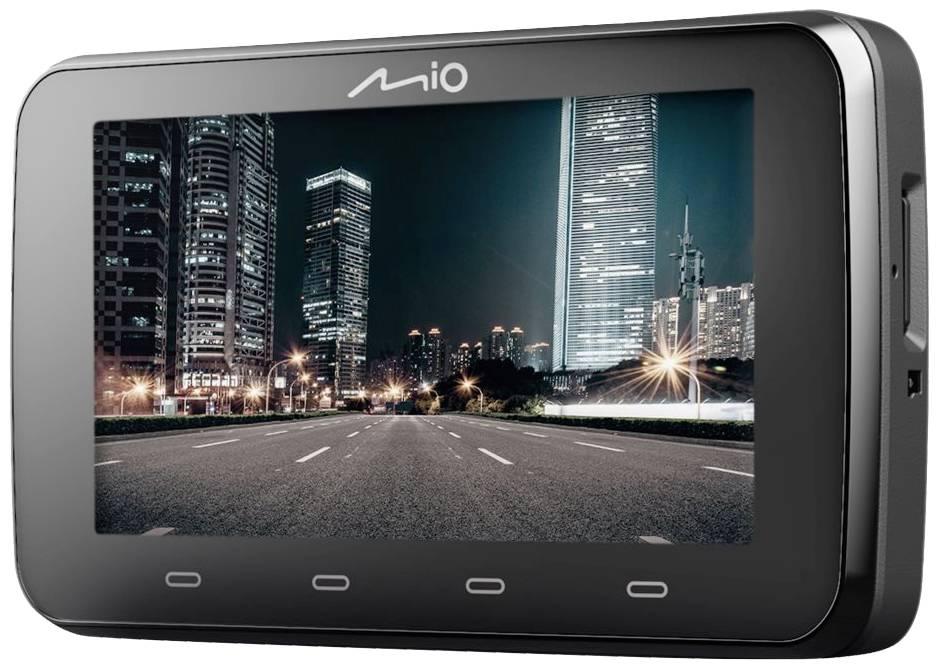 Urządzenie nawigacyjne wyświetla nocny widok miasta z oświetlonymi wieżowcami i pustą ulicą. Nazwa marki 'mio' jest widoczna.