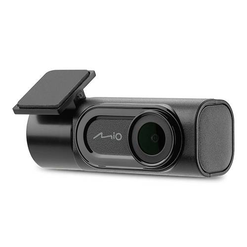 Kompaktowa, czarna kamera samochodowa z logo marki na przedniej części, przeznaczona do zamocowania na przedniej szybie pojazdu.