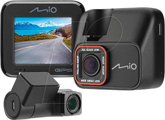 Zestaw kamery samochodowej z GPS i funkcją nocną. Kamera główna z ekranem wyświetlającym drogę z górami w tle. Dodatkowa kamera szerokokątna.