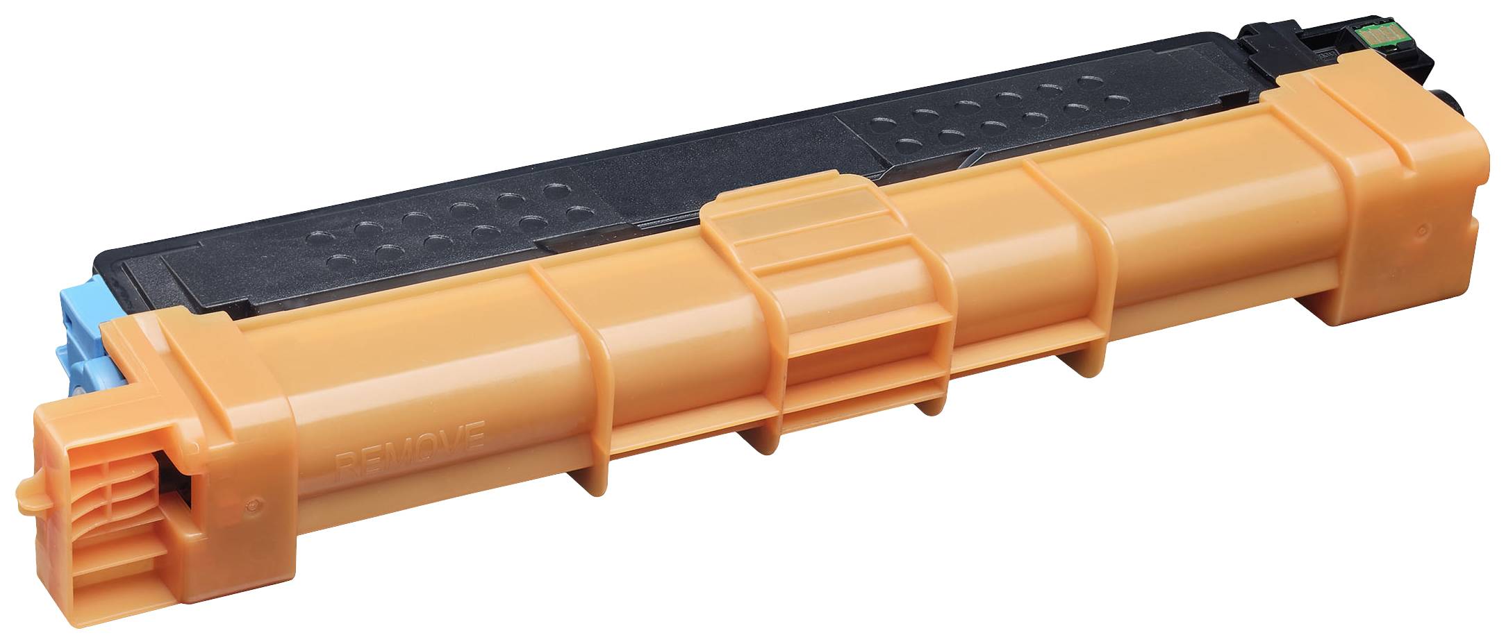 Pomarańczowy moduł kasety z tonerem do drukarki, o prostokątnym kształcie, z czarną górną częścią i niebieskimi elementami.