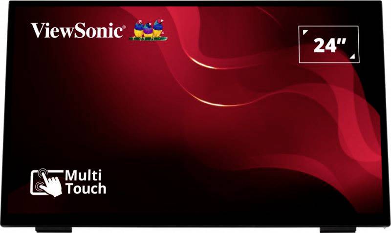 24-calowy wyświetlacz wielopunktowy firmy ViewSonic z czerwonym tłem i logo ViewSonic w lewym górnym rogu.