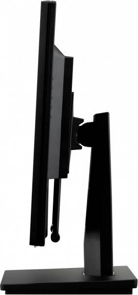 Czarny monitor komputerowy widziany z boku, zamontowany na stabilnej podstawie, prezentuje smukłą i nowoczesną stylistykę.