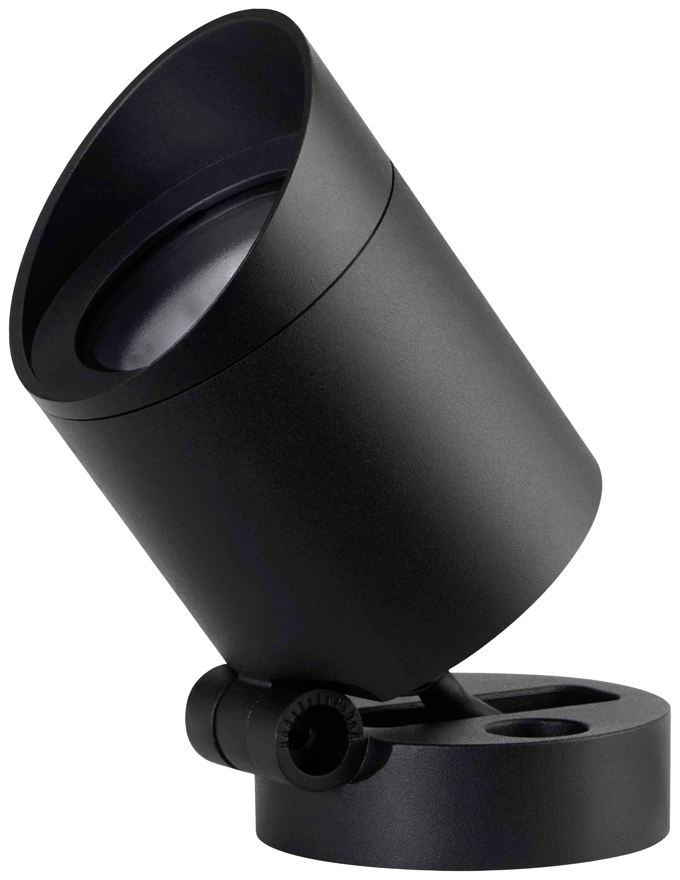 Czarny reflektor LED na regulowanym uchwycie, skierowany pod skosem w górę. Nadaje się do stosowania w oświetleniu wewnętrznym i zewnętrznym.