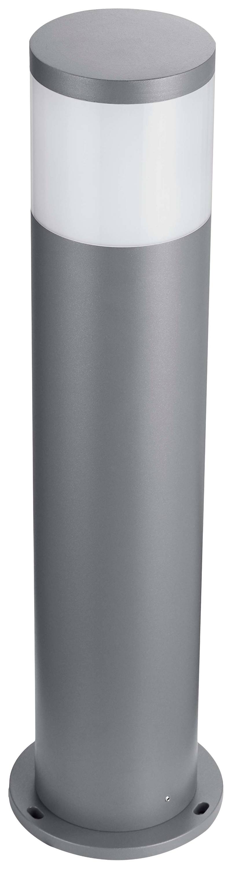 Szara, cylindryczna lampa zewnętrzna z białą, przezroczystą osłoną na górze. Idealna do dekoracyjnego oświetlenia ogrodu.