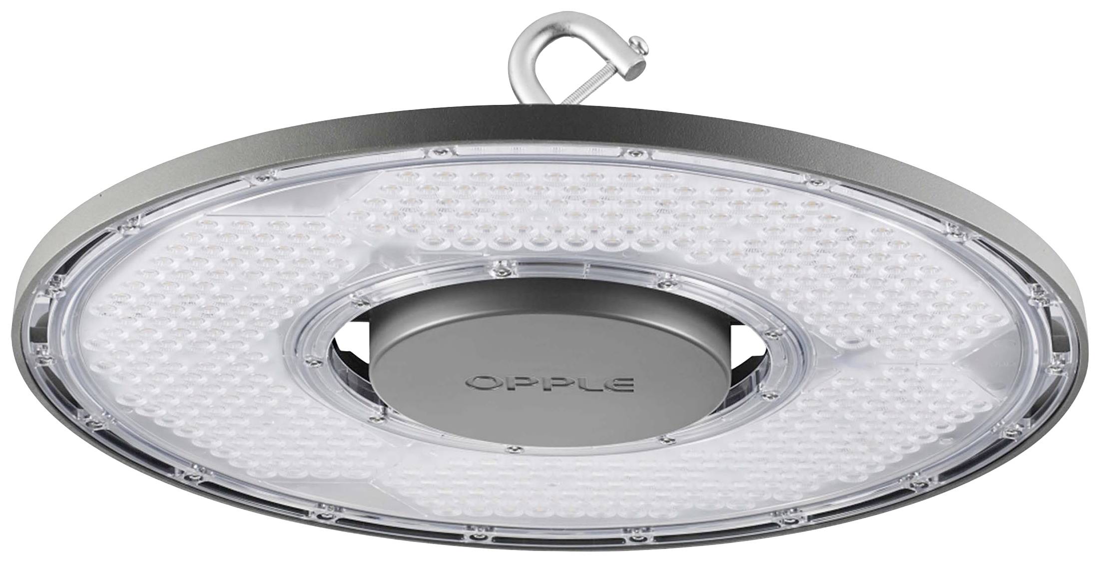 Wisząca, okrągła lampa LED z srebrną krawędzią i przezroczystą częścią z tworzywa sztucznego.